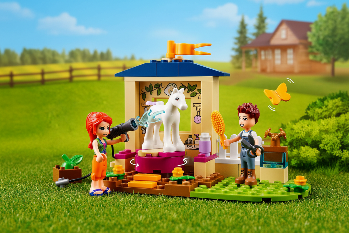 LEGO Friends Pony Washing Stable Set in charming countryside setting