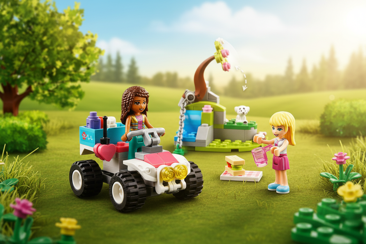 LEGO Friends Vet Clinic Rescue Buggy Set in scenic outdoor setting