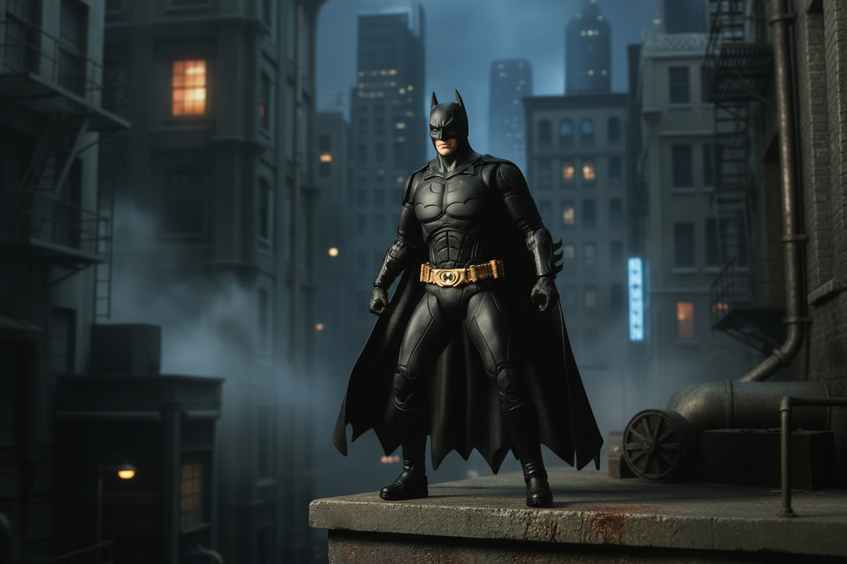 McFarlane DC Multiverse Batman Begins without grappling gun in gritty Gotham setting